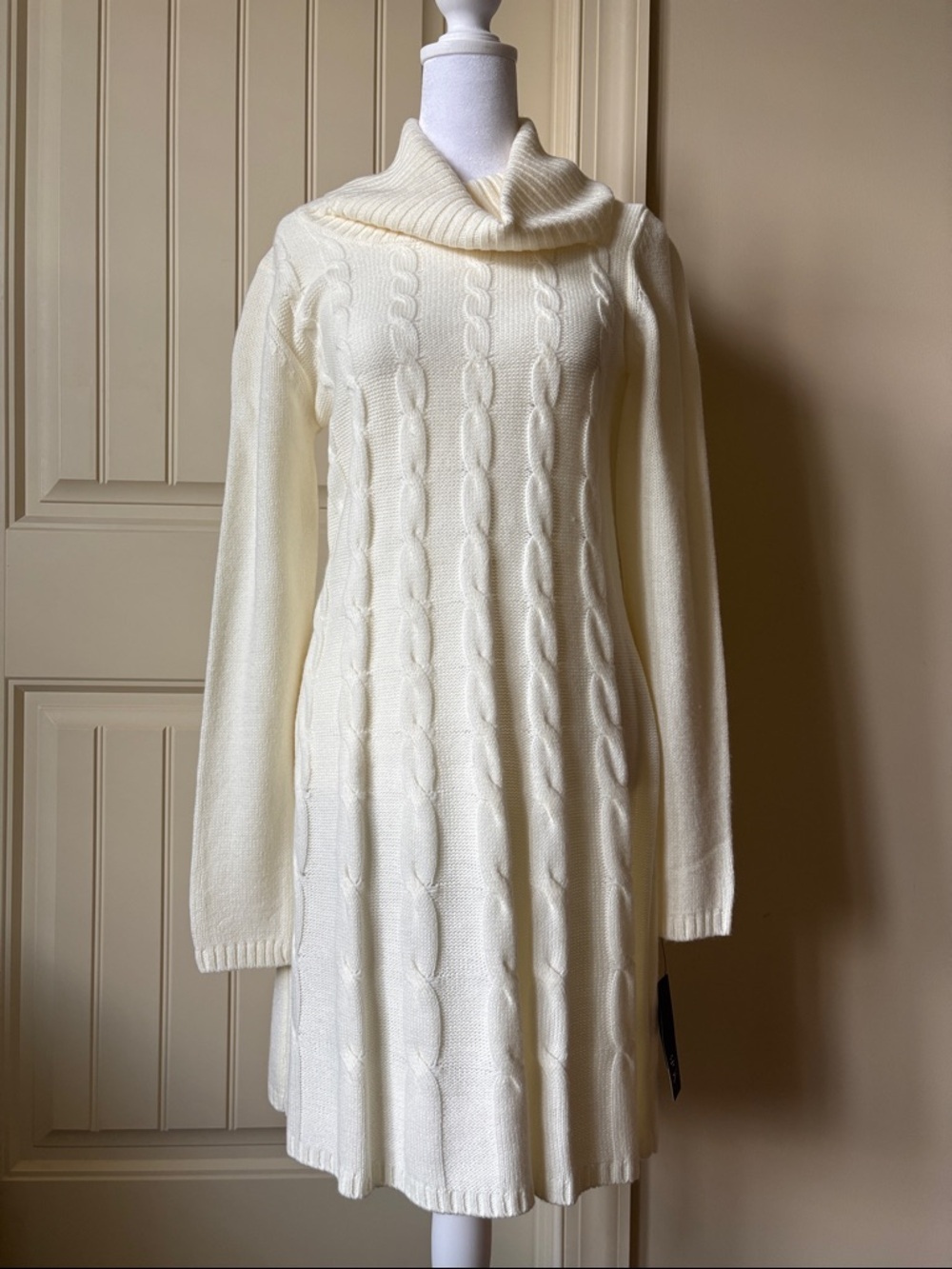 AGB Dress Cowl-Neck Cable Knit Mini Sweater Dress in Cream